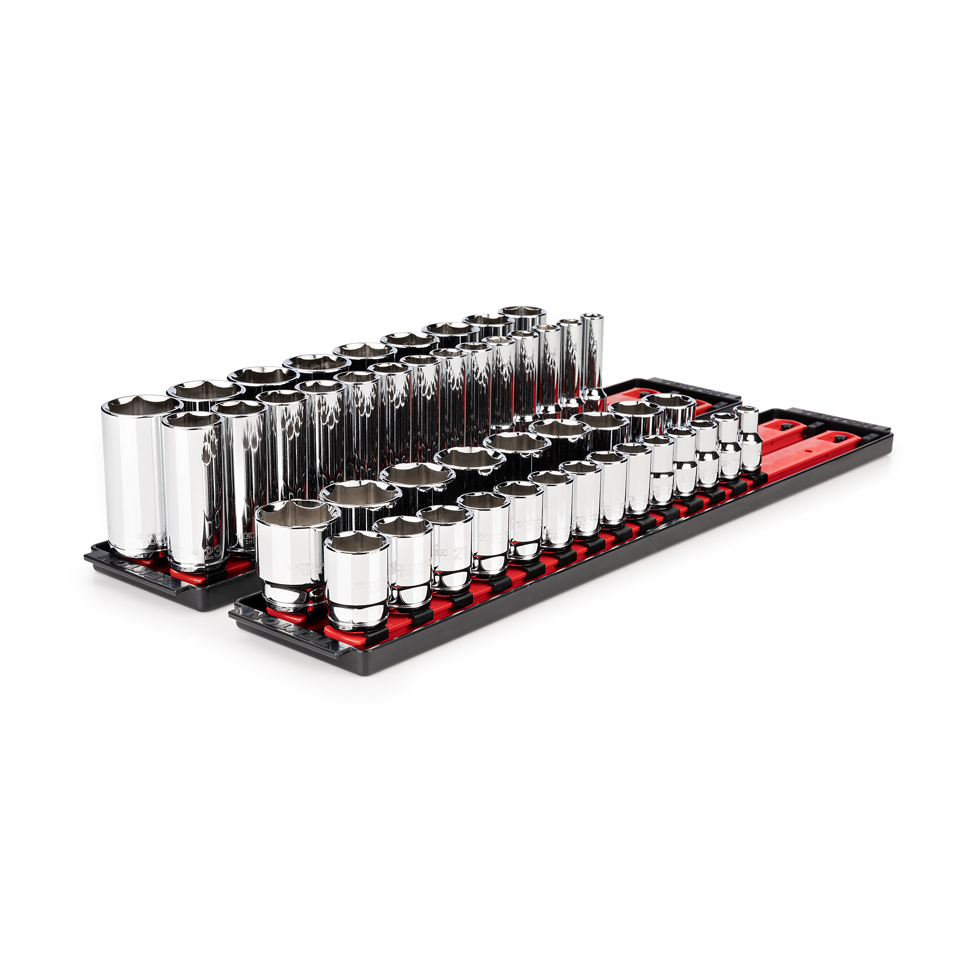 TEKTON 1/2 Inch Drive Shallow and Deep 6-Point Socket Set with Rails and Tray, 46-Piece (10 - 32 mm) | SHD92207